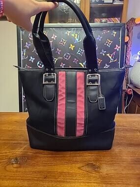 Coach Black Canvas Shoulder Bag Pink Stripe Signature Logo